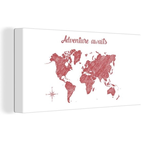 Wanddecoratie Wereldkaart - Rood - Quote - Canvas - 160x80 cm