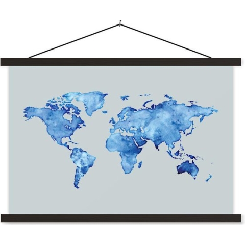 Posterhanger incl. Poster - Schoolplaat - Wereldkaart - Waterverf - Grijs - 150x100 cm - Zwarte latten