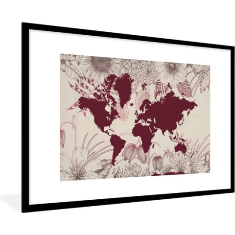 Fotolijst incl. Poster - Wereldkaart - Rood - Bloemen - 120x80 cm - Posterlijst
