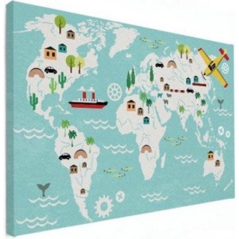 Wereldkaart Prent Vervoersmiddelen - Canvas 120x80