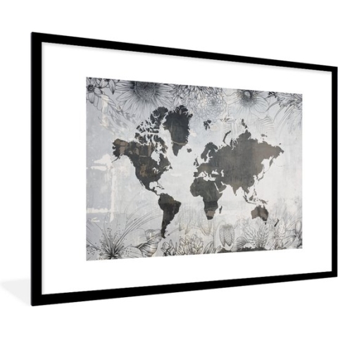 Fotolijst incl. Poster - Wereldkaart - Bloemen - Hout - 120x80 cm - Posterlijst