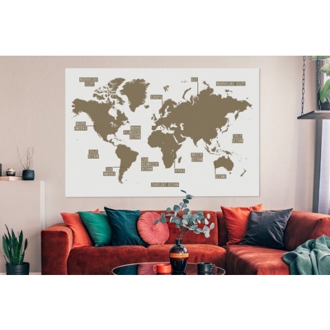 Canvas Wereldkaart - 150x100 - Wanddecoratie Wereldkaart - Topografie - Bruin