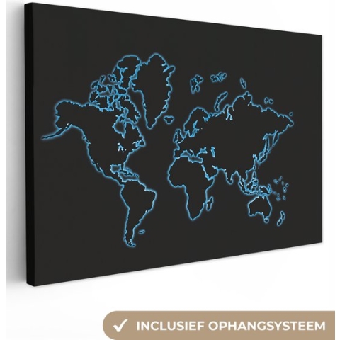 Canvas Wereldkaart - 180x120 - Wanddecoratie Wereldkaart - Topografie - Blauw