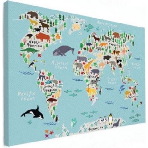 Wereldkaart Ons Dierenrijk En De Continenten - Canvas 120x90