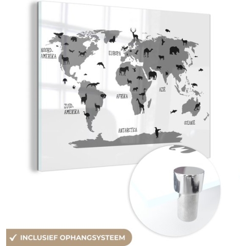 MuchoWow® Glasschilderij - Wereldkaart kinderkamer dieren - zwart wit - 80x60 cm - Acrylglas Schilderijen - Foto op Glas