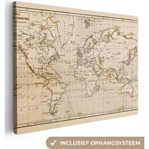 Canvas Wereldkaart - 160x120 - Wanddecoratie Wereldkaart - Vintage - Bruin - Educatief