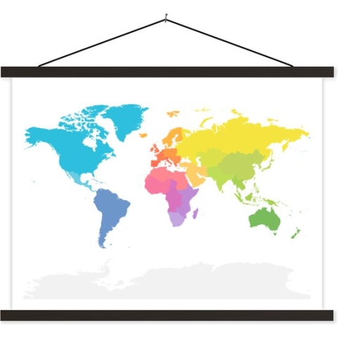 Posterhanger incl. Poster - Schoolplaat - Wereldkaart - Regenboog - Wit - 150x113 cm - Zwarte latten