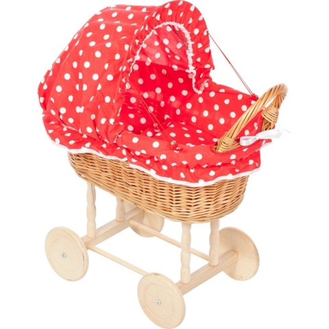Playwood - Rieten poppenwagen rood met witte stippen met opvouwbare stoffen kap - Houten wielen