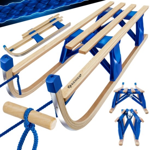 KESSER® Houten slee - Premium opvouwbare kinderslee beukenhout - inclusief trektouw en Metalen lopers - Blauw