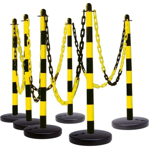 Lichte afzetpalen met ketting, geel zwart, 6 stuks