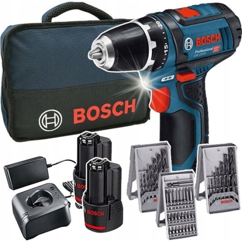 Bosch Professional Accu schroefboormachine GSR 12V-15 (2x 2,0Ah + lader AL 1115 CV + 39 accessoires + toolbag)