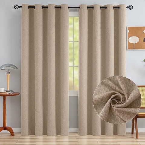 Verduisteringsgordijnen met ingestanste ringen, ondoorzichtig, super zacht, verduisterend, koudebescherming, thermische linnenlook, gordijnen voor woonkamer, slaapkamer en kinderkamer, H 245 x B 140 cm, set van 2, linnenkleur