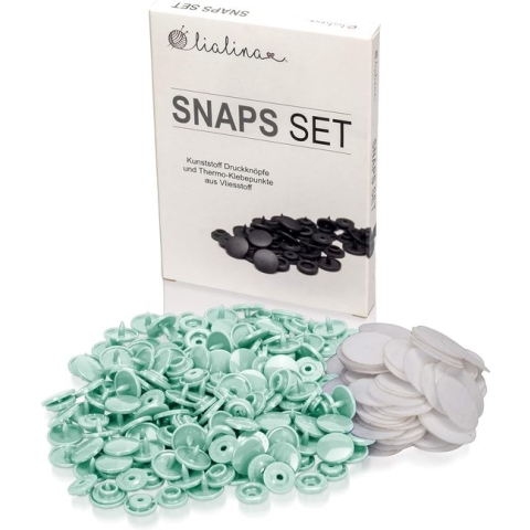 KAM Snapsset, 5 voorraaddozen voor doe-het-zelf naaiproject, met kunststof drukknopen, 12,4 mm en 100 x bijpassende 20 mm, thermische kleefpunten van vliesstof, munt, 50 stuks