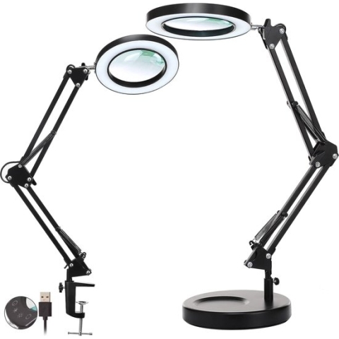 Lampen District® - Loeplamp met led verlichting - 5x vergrootglas met klem en voet - 5 kleurmodus met touch - verlicht vergrootglas voor lezen, knutselen en hobby