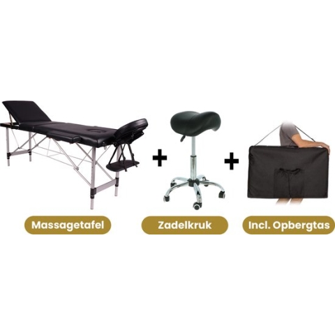 Alora Massagetafel Relax Budget + Alora zadelkruk - Tabouret – Zwart/Chrome - kruk – kapperskruk - Max. Draagvermogen 250 KG - 8 Hoogtestanden - Incl. Opbergtas - massage bed