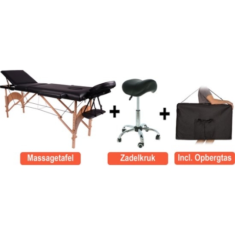 Alora Massagetafel Zen Budget + Zadelkruk zwart/chrome - incl. opbergtas - Max. Draagvermogen 250 KG - 8 Hoogtestanden - Houten Onderstel - Tabouret – Zwart/Chrome - kruk – kapperskruk - massage bed
