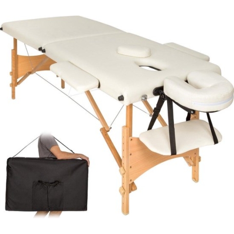 Dreamble - Massagetafel - Beige/Creme - Hout - Inklapbaar - Mobiel - 2 zones - In hoogte verstelbaar - Dikte bekleding 5 cm - Gezichtsuitsparing - Armsteunen in breedte instelbaar - Afwasbaar - Belastbaar tot 250 kg - Incl. draagtas