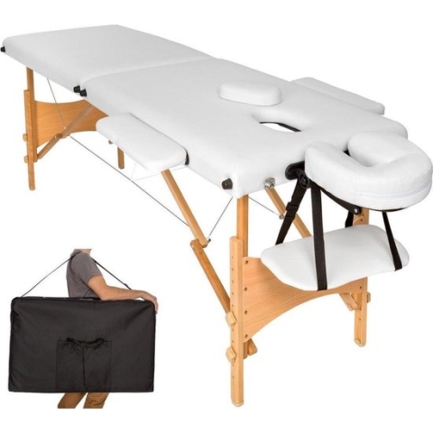 Dreamble - Massagetafel – Wit - Hout - Inklapbaar - Mobiel - 2 zones - In hoogte verstelbaar - Dikte bekleding 5 cm - Gezichtsuitsparing - Armsteunen breedte instelbaar - Afwasbaar - Belastbaar tot 250 kg - Incl. Draagtas