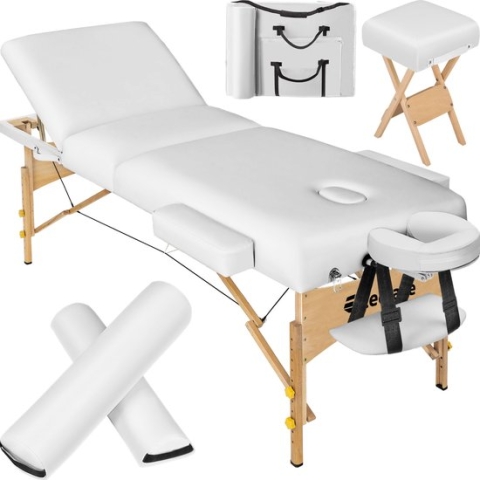 tectake® - Massagetafel matras 10 cm hoog en houten frame + rolkussens, draagtas en kruk - wit - 400186