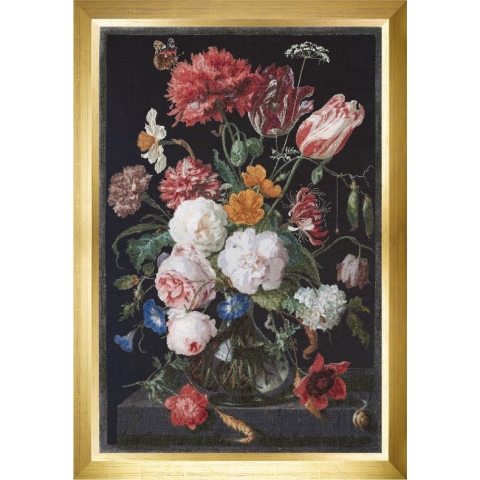 Thea Gouverneur - Borduurpakket met telpatroon - 785.05 - Voorgesorteerde DMC Garens - Stilleven met bloemen in een glazen vaas. Jan Davidsz. de Heem. 1650 - 1683 - Zwart Aida 7 kruisjes/cm- 72 cm x 49 cm - DIY Kit