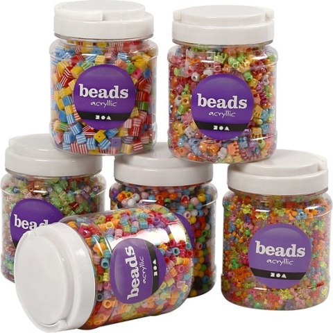 Plastic kralenmix, afm 7-10 mm, gatgrootte 2-4 mm, diverse kleuren, 6x700 ml/ 1 doos