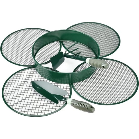 4-in-1 tuinzeef bodem grote zeef weerbestendige zeef met 4 verwisselbare zeefinzetstukken Ø 3, 6, 9, 12 mm + 2-delige tuingereedschapsset voor grondstenen compostzand enz.