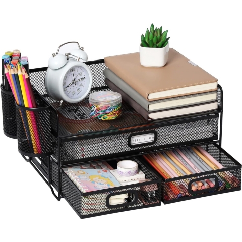 3-Trays Desktop Organizer met lade, Mesh Office Desk Supplies Organizer Document Letter Lade Houder voor Office Home (2 Penhouder)