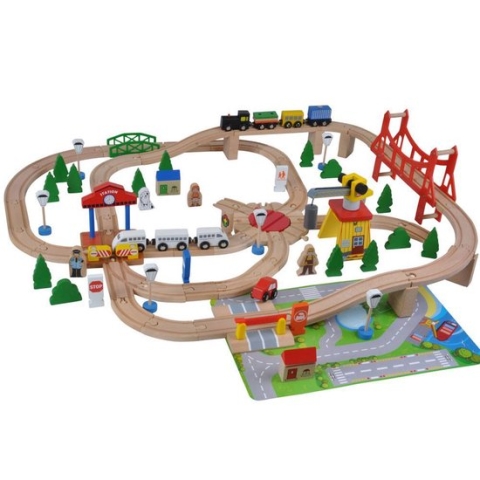 Houten treinset 100 dlg met grondplaat