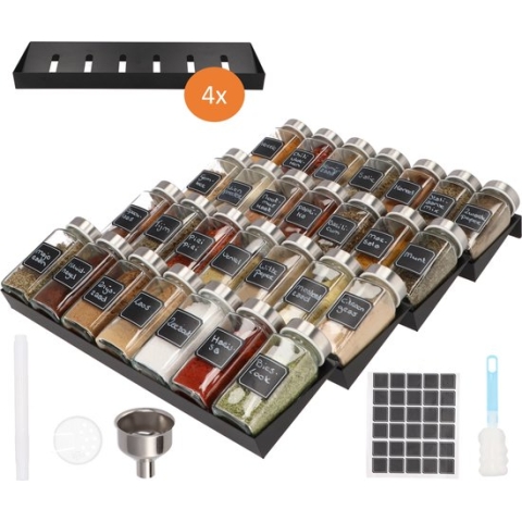 KROMS Kruidenrek Lade met 28 Potjes (RVS deksel) - Compleet Pakket incl. Kruidenpotjes Stickers, Krijtstift en Accessoires – Kruidenpotjes Vierkant - Kruidenstrooier - Kruiden Organizer - Keukenlade Organiser