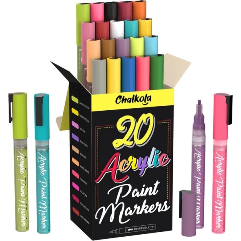 Acrylverf pennen voor rotsschilderen, hout, glas, canvas, keramiek en stoffen pennen - set van 20 fijne tip acrylverf markers - omkeerbare kogel & beitel tip - kunstbenodigdheden voor kinderen en volwassenen