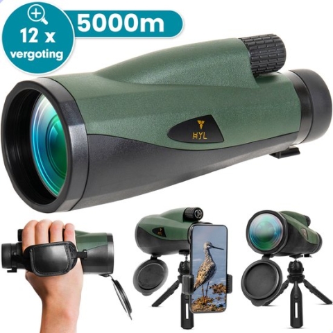 HYL Monokijker Verrekijker 2.0 - 12x60 – Monoculair met Handstrap & Statief – Verrekijker Compact - Monokijkers - Spotting Scope – Donkergroen
