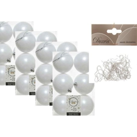 48x Winter witte kunststof kerstballen 8 cm - inclusief haakjes - Onbreekbare plastic kerstballen - Kerstboomversiering winter wit