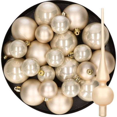 Kerstversiering kunststof kerstballen met glazen piek parel/champagne 6-8-10 cm pakket van 45x stuks - Kerstboomversiering