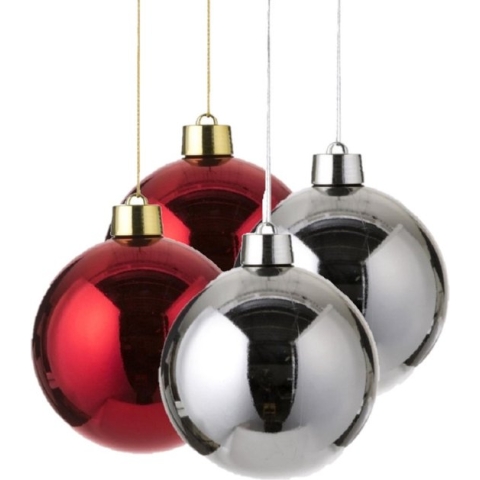 Kerstversieringen set van 4x grote kunststof kerstballen rood en zilver 20 cm glans - 2x stuks per kleur
