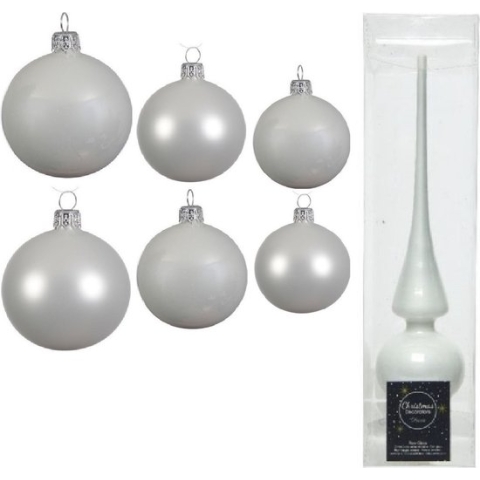 Groot pakket glazen kerstballen winter wit glans/mat 50x stuks - 4-6-8 cm incl piek glans 26 cm