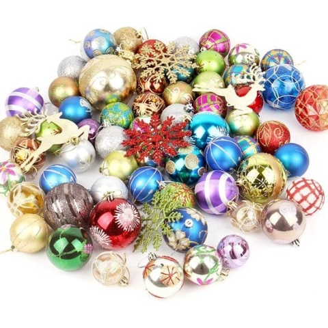 Kerstboomversiering, ballen, kleurrijke boomversiering, Kerstmis, gemengde kleur en grootte ballen voor kerstfeest, 60-70 stuks (willekeurige doos)