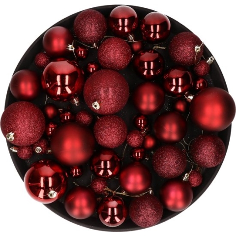 Kerstversiering set kerstballen in het donkerrood 6 - 8 - 10 cm pakket - 46x stuks - mat/glans/glitter mix