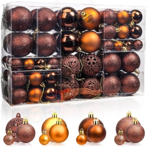 100 stuks kerstboomballen, kerstversieringsset, kerstballen, glazen kerstboomballen, ornamenten, kerstboomballen, kunststof onbreekbare kerstboomversieringen, herbruikbaar (bruin)