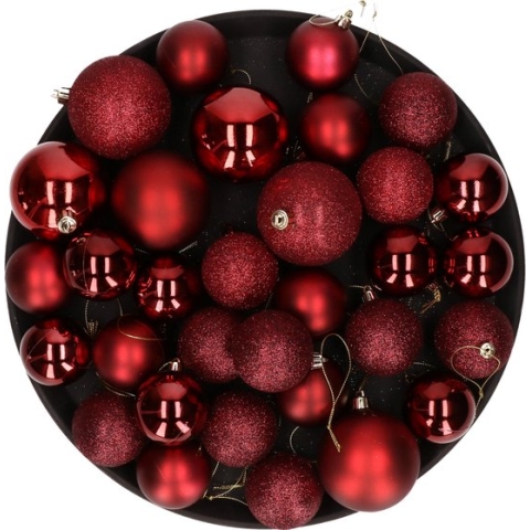Kerstversiering set kerstballen in het donkerrood 6 - 8 - 10 cm pakket - 40x stuks - mat/glans/glitter mix