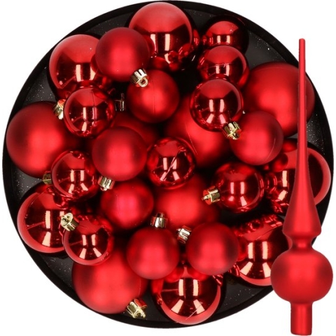 Kerstversiering kunststof kerstballen met glazen piek rood 6-8-10 cm pakket van 45x stuks - Kerstboomversiering