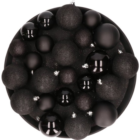 Kerstversiering set kerstballen in het zwart 6 - 8 - 10 cm pakket - 50x stuks - mat/glans/glitter mix