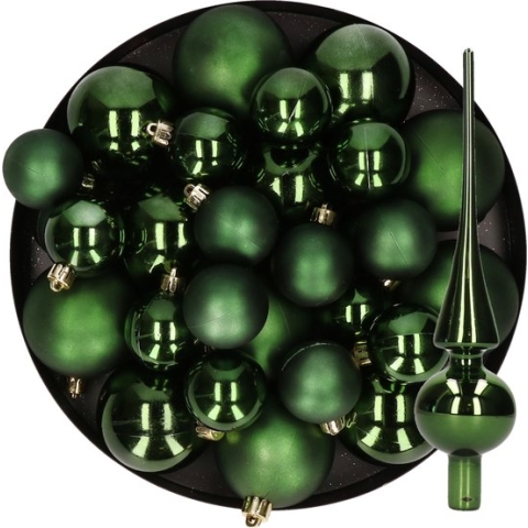 Kerstversiering kunststof kerstballen met glazen piek donkergroen 6-8-10 cm pakket van 45x stuks - Kerstboomversiering