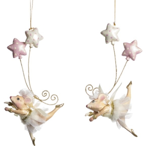 Viv! Christmas Kerstornament - Ballerina muisjes met ballonnen - set van 2 - roze wit - 18,5cm