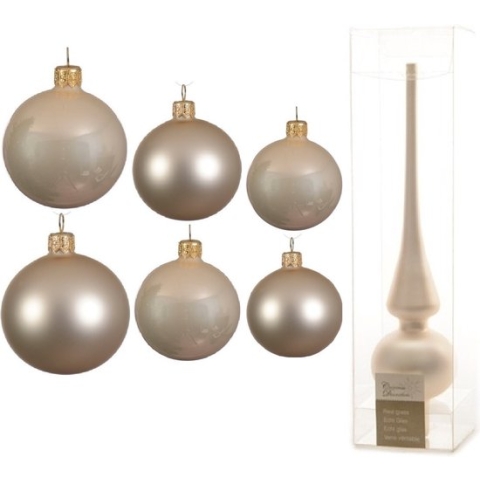 Groot pakket glazen kerstballen champagne glans/mat 50x stuks - 4-6-8 cm incl piek mat 26 cm