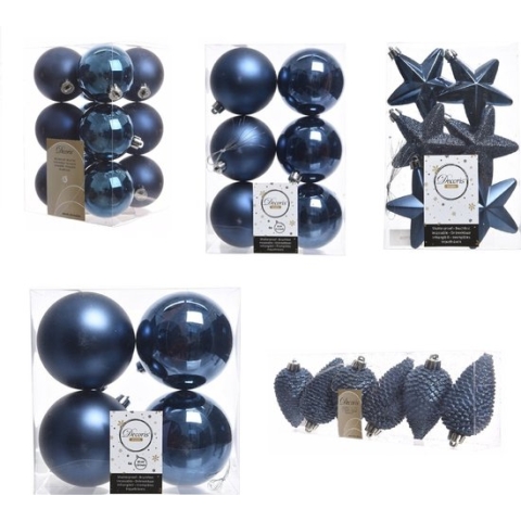 Kerstversiering kunststof kerstballen/hangers donkerblauw 6-8-10 cm pakket van 62x stuks - Kerstboomversiering