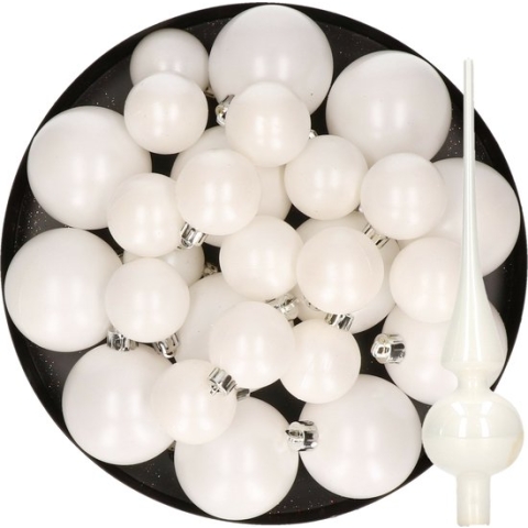 Kerstversiering kunststof kerstballen winter wit 6-8-10 cm pakket van 45x stuks - Met glazen glans piek van 26 cm