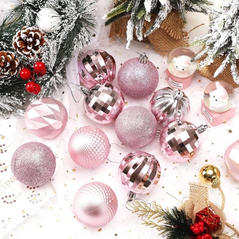 Kerstballen, kerstboomversieringsset, 100 stuks, roze, paars, kunststof kerstballen, doos met ophanglus, kerstboomdecoratie voor Kerstmis, bruiloft, feest