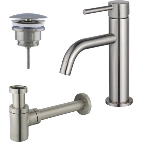 FortiFura Calvi Slim Wastafelkraanset - lage wastafelkraan - always open plug - verlaagde design sifon - PVD Geborsteld RVS