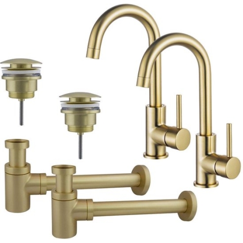 FortiFura Calvi Wastafelkraanset - voor dubbele wastafel - hoge wastafelkraan - draaibare uitloop - klikwaste plug - verlaagde design sifon - PVD Geborsteld Messing