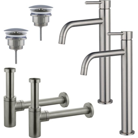 FortiFura Calvi Slim Wastafelkraanset - voor dubbele wastafel - verhoogde wastafelkraan - always open plug - design sifon - PVD Geborsteld RVS